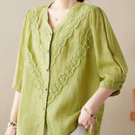 Buddha Stones Summer Solid V-Neck Lace-trimmed Women's Elbow-Length Sleeve Shirts