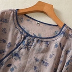 Buddha Stones Summer Frog Button Floral Crew Neck Women's Elbow-Length Sleeve Shirts