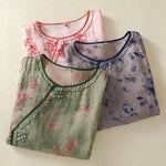Buddha Stones Summer Frog Button Floral Crew Neck Women's Elbow-Length Sleeve Shirts