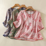 Buddha Stones Summer Frog Button Floral Crew Neck Women's Elbow-Length Sleeve Shirts