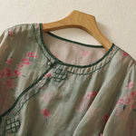 Buddha Stones Summer Frog Button Floral Crew Neck Women's Elbow-Length Sleeve Shirts