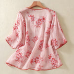 Buddha Stones Summer Frog Button Floral Crew Neck Women's Elbow-Length Sleeve Shirts