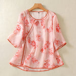 Buddha Stones Summer Frog Button Floral Crew Neck Women's Elbow-Length Sleeve Shirts