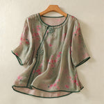 Buddha Stones Summer Frog Button Floral Crew Neck Women's Elbow-Length Sleeve Shirts
