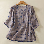 Buddha Stones Summer Frog Button Floral Crew Neck Women's Elbow-Length Sleeve Shirts