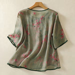 Buddha Stones Summer Frog Button Floral Crew Neck Women's Elbow-Length Sleeve Shirts