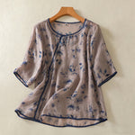Buddha Stones Summer Frog Button Floral Crew Neck Women's Elbow-Length Sleeve Shirts