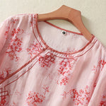 Buddha Stones Summer Frog Button Floral Crew Neck Women's Elbow-Length Sleeve Shirts