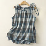 Buddha Stones Summer Casual Crew Neck Plaid Pattern Women's Sleeveless Shirts Tank Top