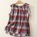 Buddha Stones Summer Casual Crew Neck Plaid Pattern Women's Sleeveless Shirts Tank Top