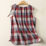 Buddha Stones Summer Casual Crew Neck Plaid Pattern Women's Sleeveless Shirts Tank Top