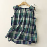 Buddha Stones Summer Casual Crew Neck Plaid Pattern Women's Sleeveless Shirts Tank Top