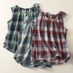 Buddha Stones Summer Casual Crew Neck Plaid Pattern Women's Sleeveless Shirts Tank Top