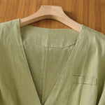 Buddha Stones Summer Casual Button-Up Solid V-Neck Women's Short Sleeve Shirts With Pockets