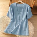 Buddha Stones Summer Casual Button-Up Solid V-Neck Women's Short Sleeve Shirts With Pockets