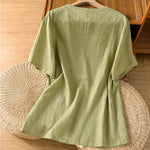 Buddha Stones Summer Casual Button-Up Solid V-Neck Women's Short Sleeve Shirts With Pockets