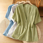 Buddha Stones Summer Casual Button-Up Solid V-Neck Women's Short Sleeve Shirts With Pockets