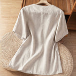 Buddha Stones Summer Casual Button-Up Solid V-Neck Women's Short Sleeve Shirts With Pockets