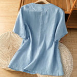 Buddha Stones Summer Casual Button-Up Solid V-Neck Women's Short Sleeve Shirts With Pockets