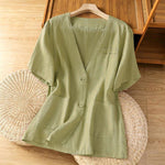 Buddha Stones Summer Casual Button-Up Solid V-Neck Women's Short Sleeve Shirts With Pockets