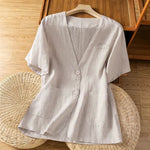 Buddha Stones Summer Casual Button-Up Solid V-Neck Women's Short Sleeve Shirts With Pockets