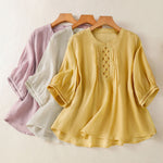 Buddha Stones Summer Casual Solid Embroidery Pleated Front Women's Short Sleeve T-Shirts