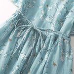 Buddha Stones Summer Casual Vintage Drawstring Blue Floral Women's Short Sleeve Dress