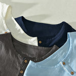 Buddha Stones Summer Casual Minimalist Two Buttons Solid Cotton Linen Men's Short Sleeve Shirts