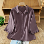 Buddha Stones Summer Casual Minimalist Wavy Line Button-Up Solid Women's Short Sleeve Shirts