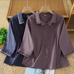 Buddha Stones Summer Casual Minimalist Wavy Line Button-Up Solid Women's Short Sleeve Shirts
