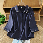 Buddha Stones Summer Casual Minimalist Wavy Line Button-Up Solid Women's Short Sleeve Shirts