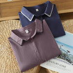 Buddha Stones Summer Casual Minimalist Wavy Line Button-Up Solid Women's Short Sleeve Shirts