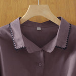 Buddha Stones Summer Casual Minimalist Wavy Line Button-Up Solid Women's Short Sleeve Shirts