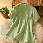 Buddha Stones Summer Tang Style Mandarin Collar Frog Button Gourd Embroidery Women's Short Sleeve Shirts
