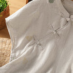 Buddha Stones Summer Tang Style Mandarin Collar Frog Button Gourd Embroidery Women's Short Sleeve Shirts