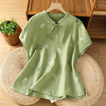 Buddha Stones Summer Tang Style Mandarin Collar Frog Button Gourd Embroidery Women's Short Sleeve Shirts