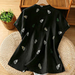 Buddha Stones Summer Tang Style Mandarin Collar Frog Button Gourd Embroidery Women's Short Sleeve Shirts