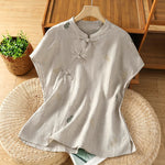 Buddha Stones Summer Tang Style Mandarin Collar Frog Button Gourd Embroidery Women's Short Sleeve Shirts