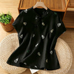 Buddha Stones Summer Tang Style Mandarin Collar Frog Button Gourd Embroidery Women's Short Sleeve Shirts