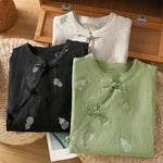 Buddha Stones Summer Tang Style Mandarin Collar Frog Button Gourd Embroidery Women's Short Sleeve Shirts