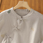 Buddha Stones Summer Tang Style Mandarin Collar Frog Button Gourd Embroidery Women's Short Sleeve Shirts