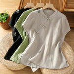 Buddha Stones Summer Tang Style Mandarin Collar Frog Button Gourd Embroidery Women's Short Sleeve Shirts