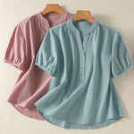 Buddha Stones Summer Casual Mandarin Collar Half Button Solid Puff Sleeve Women's Short Sleeve Shirts