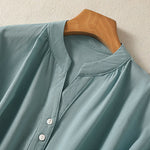 Buddha Stones Summer Casual Mandarin Collar Half Button Solid Puff Sleeve Women's Short Sleeve Shirts