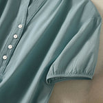 Buddha Stones Summer Casual Mandarin Collar Half Button Solid Puff Sleeve Women's Short Sleeve Shirts