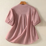 Buddha Stones Summer Casual Mandarin Collar Half Button Solid Puff Sleeve Women's Short Sleeve Shirts