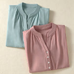 Buddha Stones Summer Casual Mandarin Collar Half Button Solid Puff Sleeve Women's Short Sleeve Shirts