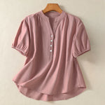 Buddha Stones Summer Casual Mandarin Collar Half Button Solid Puff Sleeve Women's Short Sleeve Shirts
