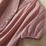 Buddha Stones Summer Casual Mandarin Collar Half Button Solid Puff Sleeve Women's Short Sleeve Shirts