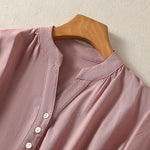 Buddha Stones Summer Casual Mandarin Collar Half Button Solid Puff Sleeve Women's Short Sleeve Shirts